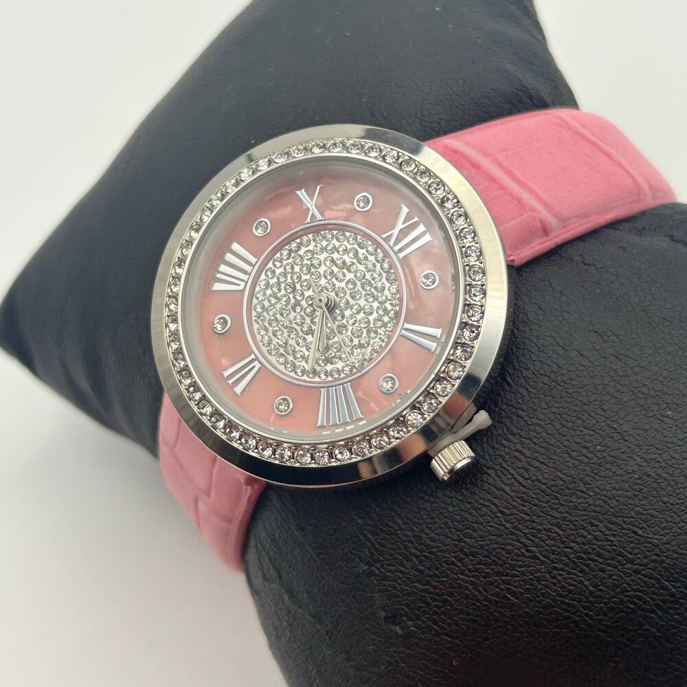 Genevex by Croton Women's Silver-Tone Pink Leather Band Quartz Watch New Battery - Picture 2 of 8